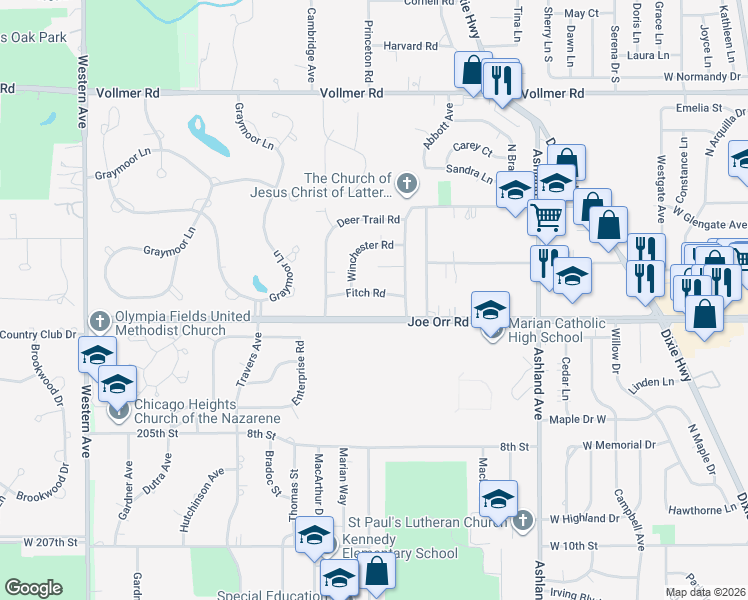 map of restaurants, bars, coffee shops, grocery stores, and more near 483 Fitch Road in Chicago Heights