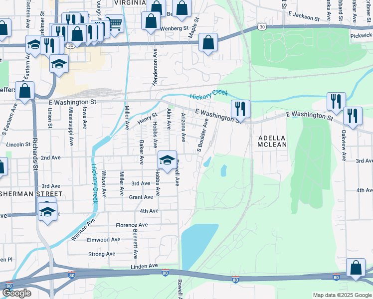 map of restaurants, bars, coffee shops, grocery stores, and more near 139 Arizona Avenue in Joliet
