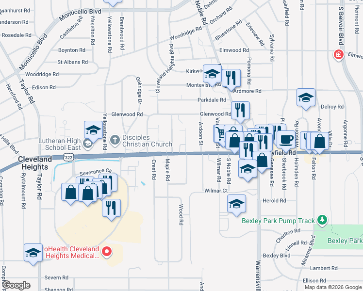 map of restaurants, bars, coffee shops, grocery stores, and more near 1406 Edendale Street in Cleveland Heights