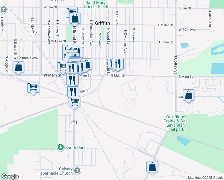 map of restaurants, bars, coffee shops, grocery stores, and more near 501 East Main Street in Griffith