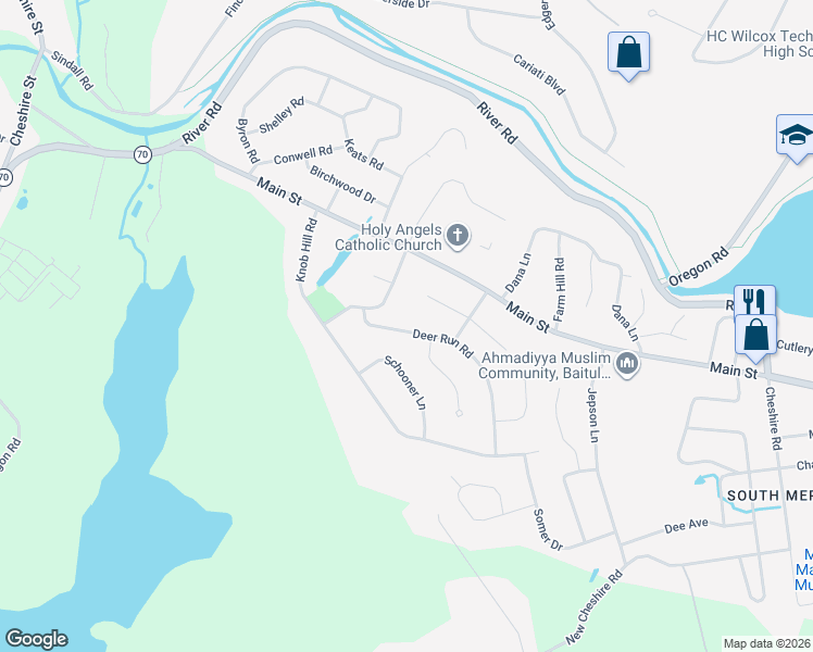 map of restaurants, bars, coffee shops, grocery stores, and more near 58 Deer Run Road in Meriden