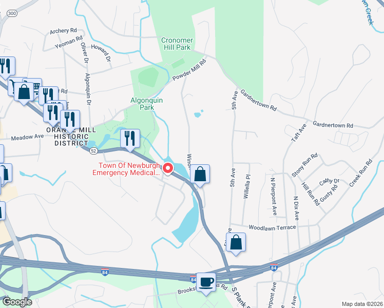 map of restaurants, bars, coffee shops, grocery stores, and more near 20 Winona Avenue in Newburgh