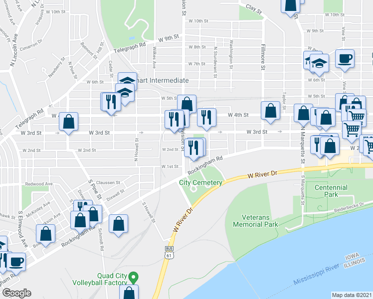 map of restaurants, bars, coffee shops, grocery stores, and more near 1699 West 2nd Street in Davenport