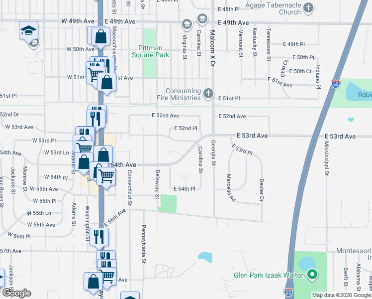map of restaurants, bars, coffee shops, grocery stores, and more near 622 East 54th Avenue in Merrillville