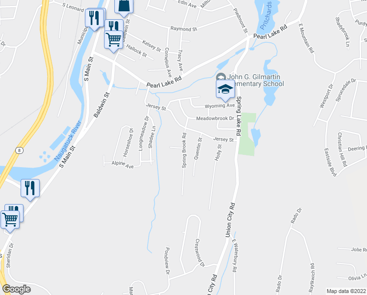 map of restaurants, bars, coffee shops, grocery stores, and more near 56 Spring Brook Road in Waterbury