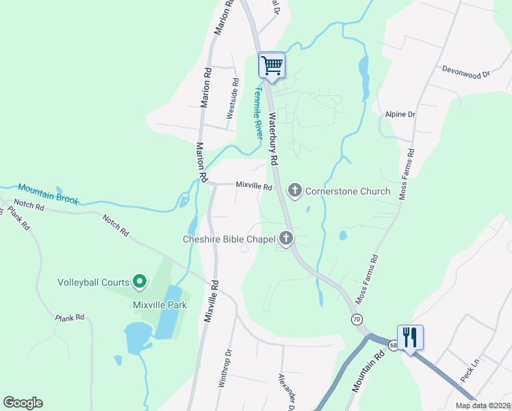 map of restaurants, bars, coffee shops, grocery stores, and more near 642 Mixville Road in Cheshire