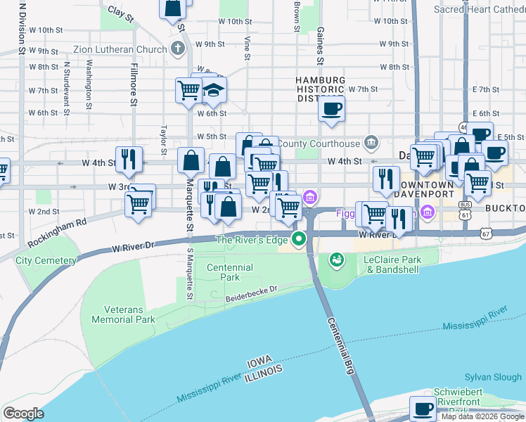 map of restaurants, bars, coffee shops, grocery stores, and more near 933 West 2nd Street in Davenport