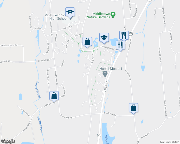 map of restaurants, bars, coffee shops, grocery stores, and more near 892 Long Hill Road in Middletown