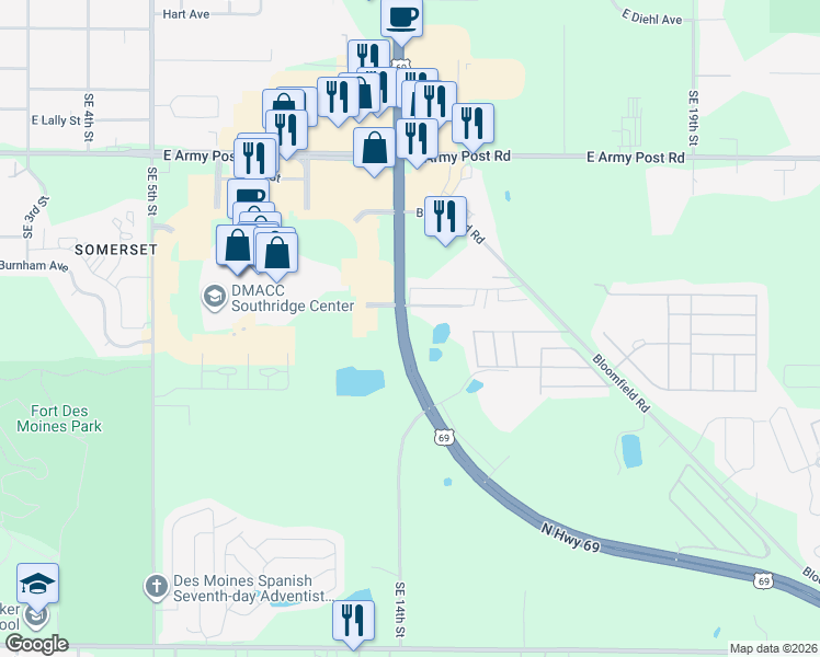 map of restaurants, bars, coffee shops, grocery stores, and more near 6700 Southeast 14th Street in Des Moines