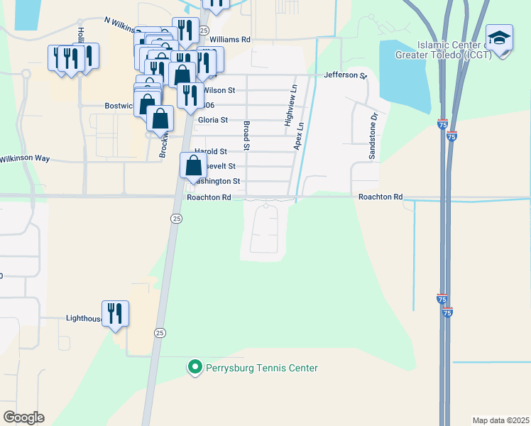 map of restaurants, bars, coffee shops, grocery stores, and more near 12315 Roachton Road in Perrysburg