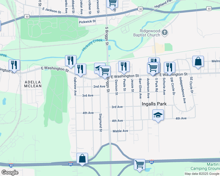 map of restaurants, bars, coffee shops, grocery stores, and more near 120 South Briggs Street in Joliet