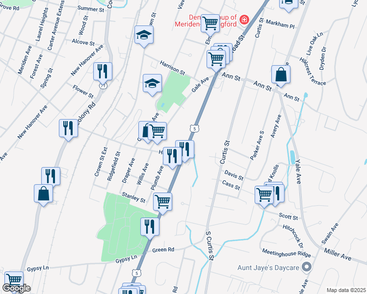 map of restaurants, bars, coffee shops, grocery stores, and more near 14 South Broad Street in Meriden