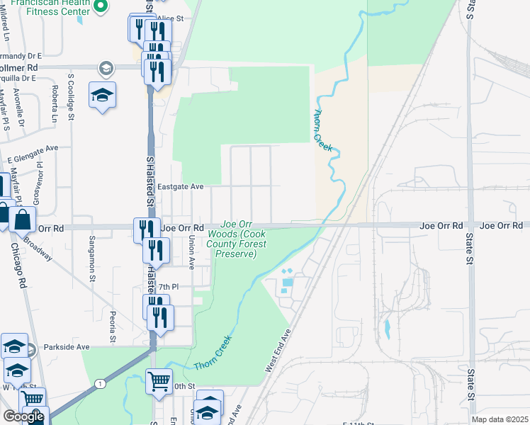 map of restaurants, bars, coffee shops, grocery stores, and more near 526 Normal Avenue in Chicago Heights