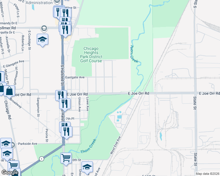 map of restaurants, bars, coffee shops, grocery stores, and more near 530 Normal Avenue in Chicago Heights