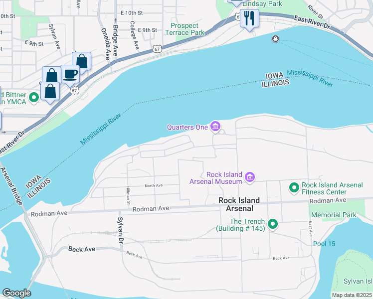 map of restaurants, bars, coffee shops, grocery stores, and more near 2642 Durnin Avenue in Rock Island