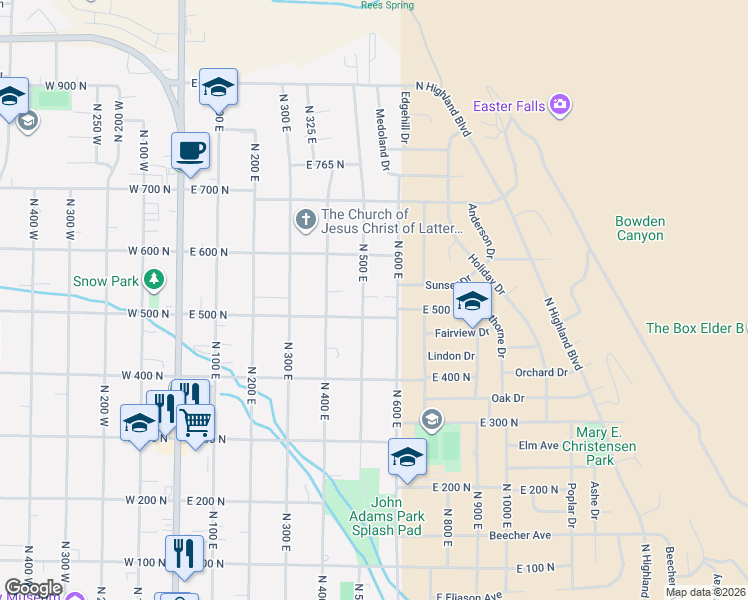map of restaurants, bars, coffee shops, grocery stores, and more near 539 North 600 East in Brigham City