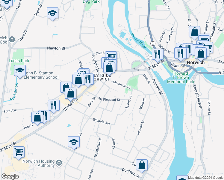map of restaurants, bars, coffee shops, grocery stores, and more near 39 Elizabeth Street in Norwich