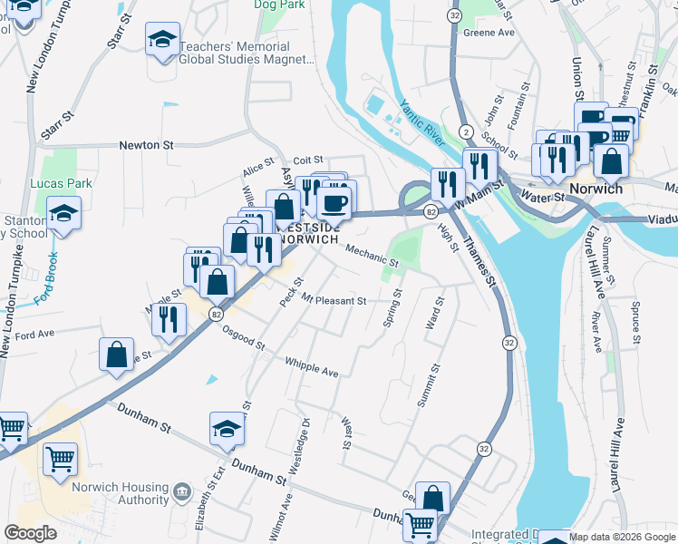 map of restaurants, bars, coffee shops, grocery stores, and more near 39 Elizabeth Street in Norwich
