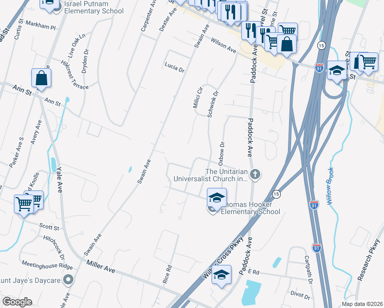 map of restaurants, bars, coffee shops, grocery stores, and more near 76 John George Drive in Meriden