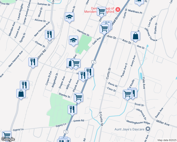 map of restaurants, bars, coffee shops, grocery stores, and more near 14 South Broad Street in Meriden