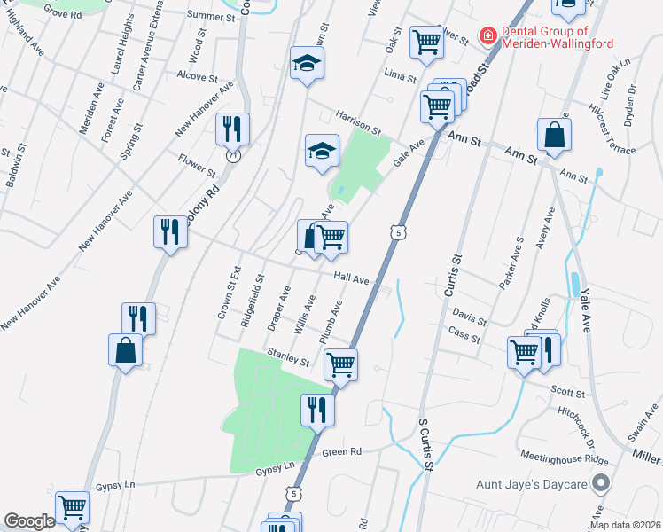 map of restaurants, bars, coffee shops, grocery stores, and more near 216 Hall Avenue in Meriden