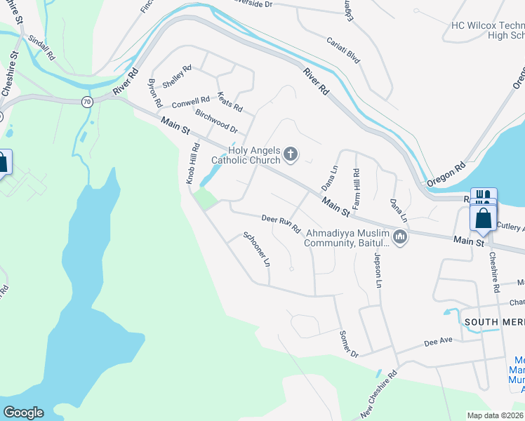 map of restaurants, bars, coffee shops, grocery stores, and more near 58 Deer Run Road in Meriden