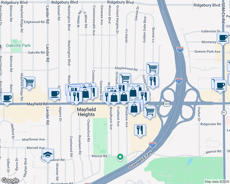 map of restaurants, bars, coffee shops, grocery stores, and more near 1431 Worton Boulevard in Mayfield Heights