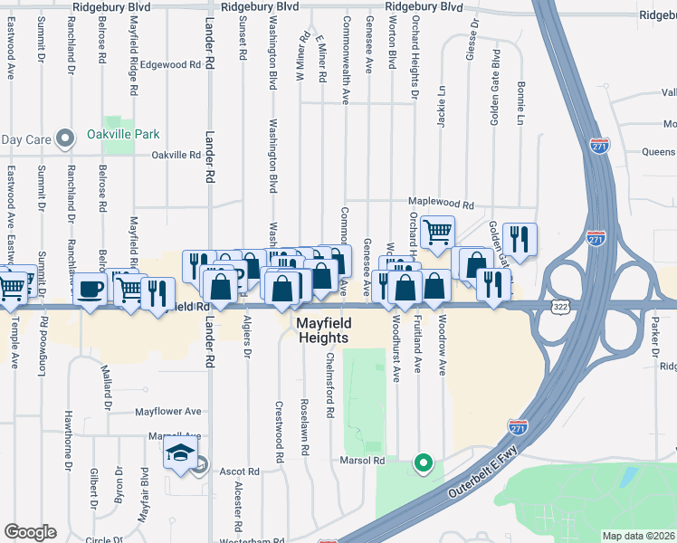 map of restaurants, bars, coffee shops, grocery stores, and more near 1433 East Miner Road in Mayfield Heights