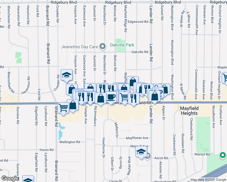 map of restaurants, bars, coffee shops, grocery stores, and more near 1431 Belrose Road in Mayfield Heights
