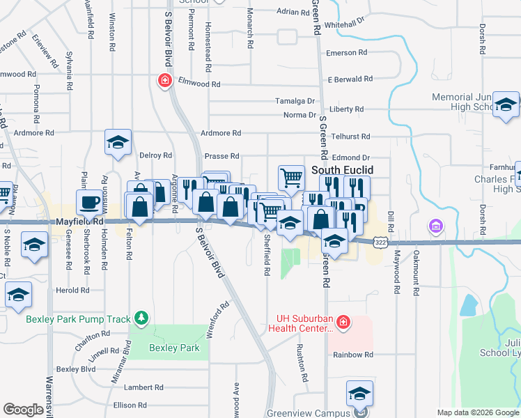 map of restaurants, bars, coffee shops, grocery stores, and more near 1408 Sheffield Road in South Euclid