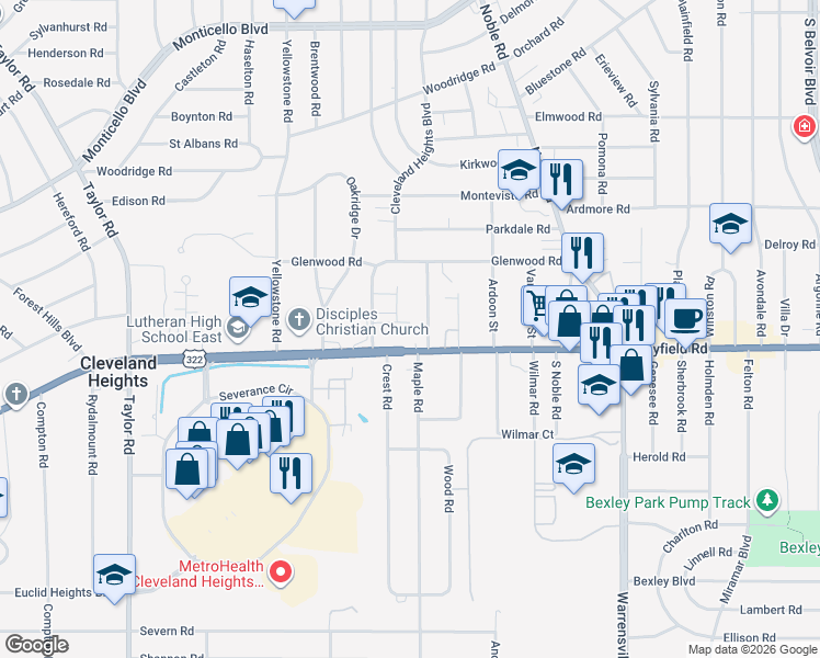 map of restaurants, bars, coffee shops, grocery stores, and more near 1418 Lynn Park Drive in Cleveland Heights