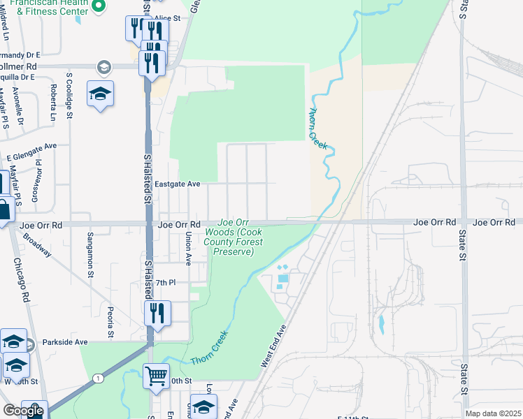 map of restaurants, bars, coffee shops, grocery stores, and more near 526 Normal Avenue in Chicago Heights