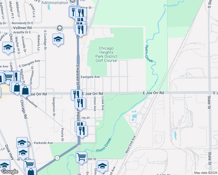 map of restaurants, bars, coffee shops, grocery stores, and more near 527 Lowe Avenue in Chicago Heights