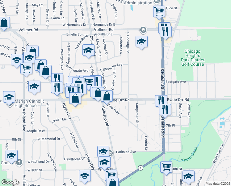 map of restaurants, bars, coffee shops, grocery stores, and more near 530 North Manchester Drive in Chicago Heights