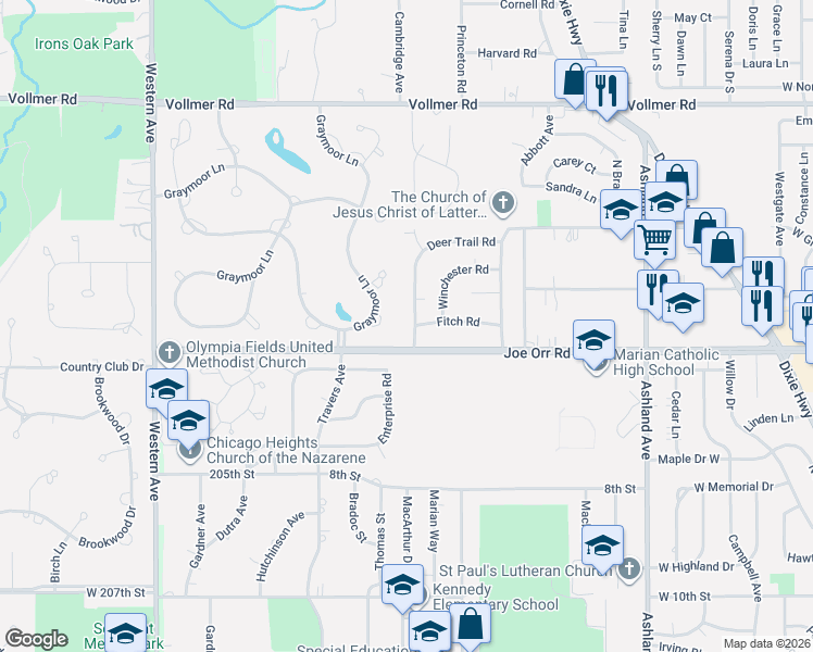 map of restaurants, bars, coffee shops, grocery stores, and more near 528 Winston Lane in Chicago Heights