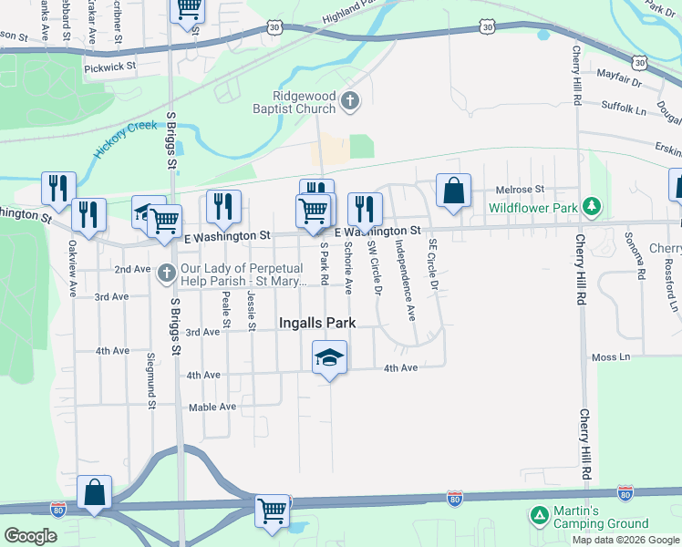 map of restaurants, bars, coffee shops, grocery stores, and more near 119 Schorie Avenue in Joliet