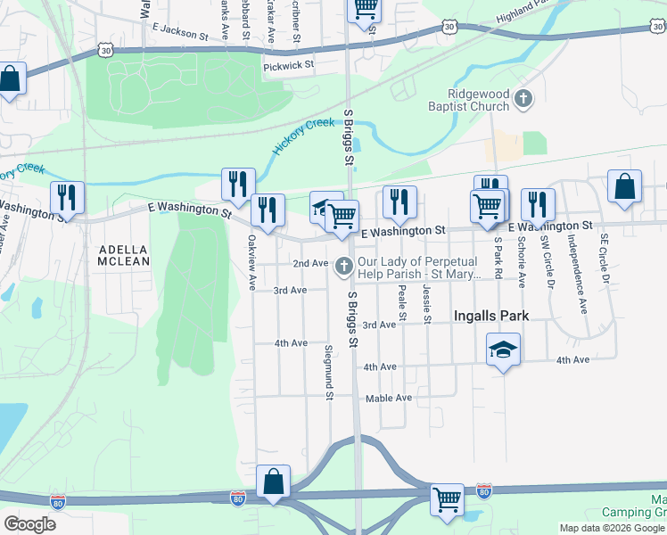 map of restaurants, bars, coffee shops, grocery stores, and more near 1515 2nd Avenue in Joliet