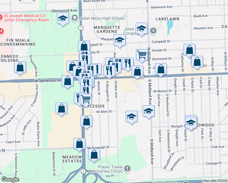 map of restaurants, bars, coffee shops, grocery stores, and more near 16 South Margaret Street in Joliet