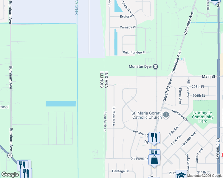 map of restaurants, bars, coffee shops, grocery stores, and more near 540 Sunflower Lane in Dyer