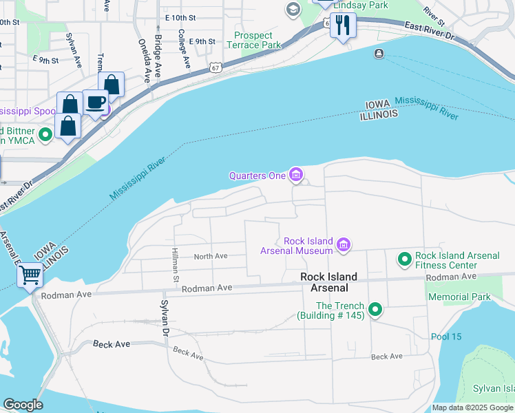 map of restaurants, bars, coffee shops, grocery stores, and more near Durnin Avenue in Rock Island Arsenal