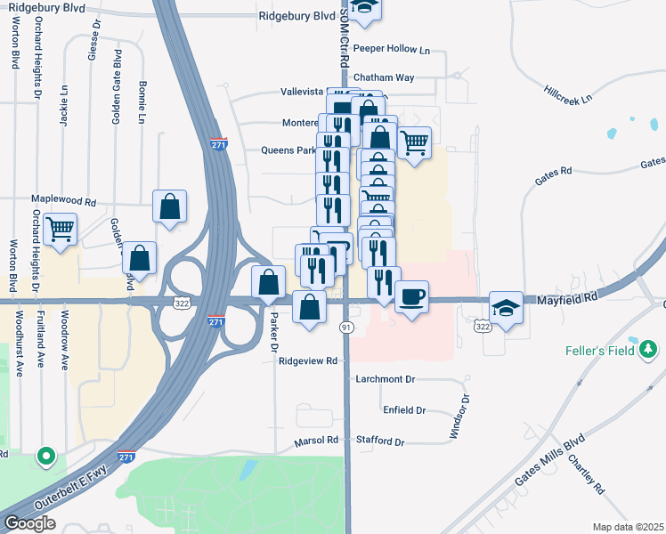 map of restaurants, bars, coffee shops, grocery stores, and more near 1430 Som Center Road in Mayfield Heights