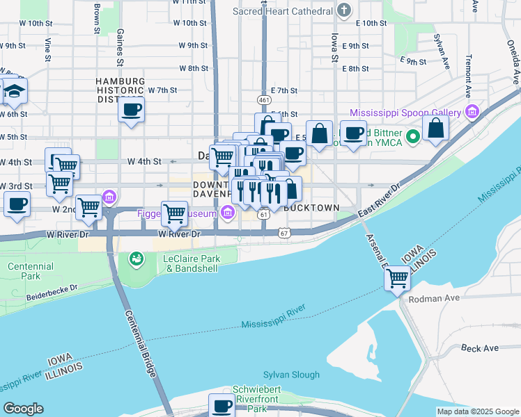 map of restaurants, bars, coffee shops, grocery stores, and more near 102 West 2nd Street in Davenport