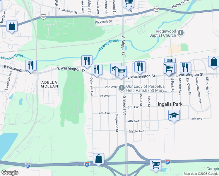 map of restaurants, bars, coffee shops, grocery stores, and more near 200 South Hebbard Street in Joliet