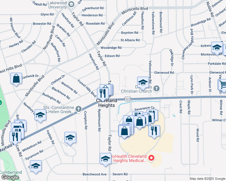 map of restaurants, bars, coffee shops, grocery stores, and more near 2525 North Taylor Road in Cleveland Heights