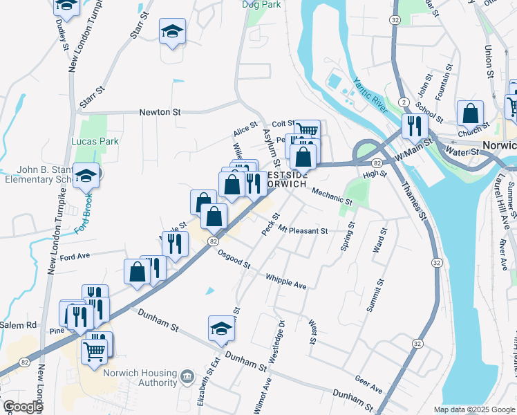 map of restaurants, bars, coffee shops, grocery stores, and more near 364 West Main Street in Norwich
