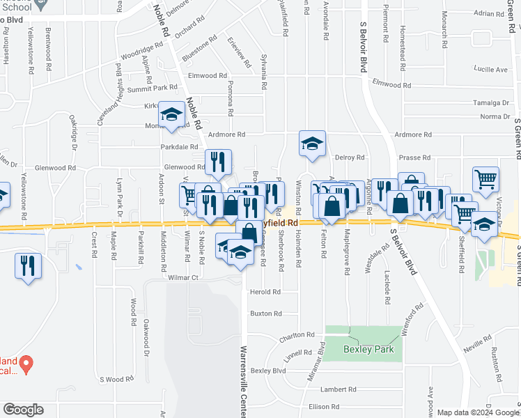 map of restaurants, bars, coffee shops, grocery stores, and more near 1415 Brookline Road in South Euclid