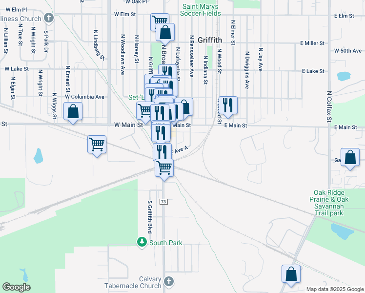 map of restaurants, bars, coffee shops, grocery stores, and more near 204 East Avenue A in Griffith