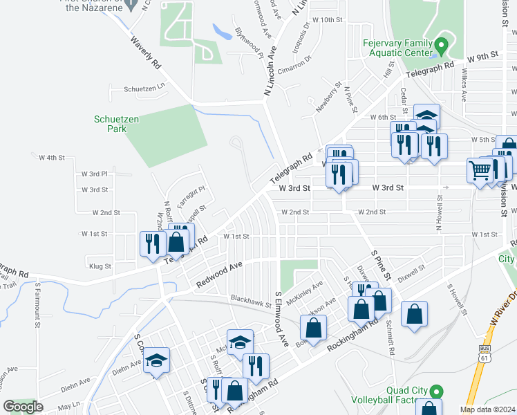 map of restaurants, bars, coffee shops, grocery stores, and more near 147 North Thornwood Avenue in Davenport
