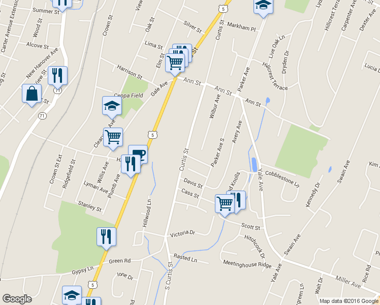 map of restaurants, bars, coffee shops, grocery stores, and more near 6 Brookdale Road in Meriden