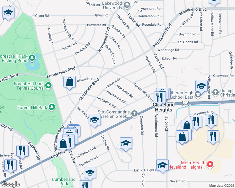 map of restaurants, bars, coffee shops, grocery stores, and more near 1437 Blackmore Rd in Cleveland Heights